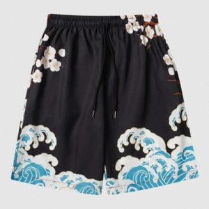 Sea Waves And Flower Print Casual Drawstring Shorts