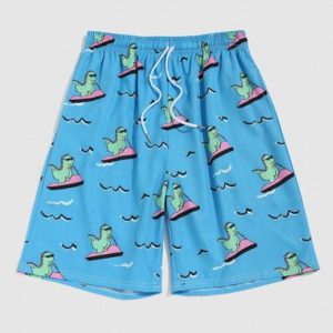 Cartoon Dinosaur Printed Drawstring Beach Shorts