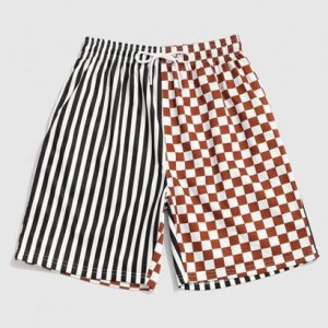 Drawstring Stripe Checkerboard Half Print Casual Shorts