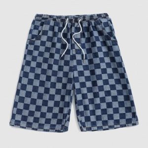 Checkerboard Pattern Drawstring Denim Shorts
