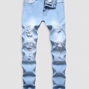 Zipper Ripped Pockets Button Casual Jeans