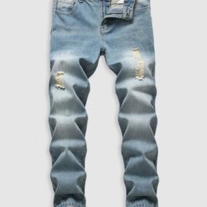 Zipper Fly Pockets Ripped Casual Jeans