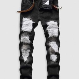 Black Ripped Zipper Fly Pockets Jeans