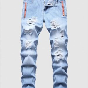 Zipper Embellishment Light Wash Ripped Jeans