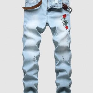 Ripped Rose Embroidery Zipper Fly Jeans