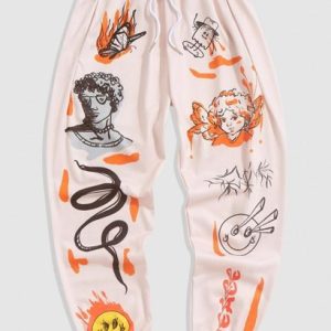 Figure And Snake Print Pocket Beam Feet Graphic Y2K Aesthetic Sweatpants