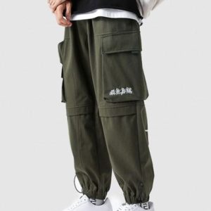 Casual Letter Print Pockets Elastic Waist Cargo Techwear Pants