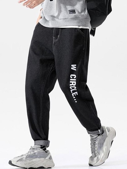 Letters Print Zipper Fly Tapered Jeans - Image 3