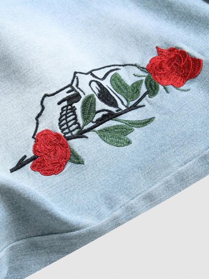Ripped Rose Embroidery Zipper Fly Jeans - Image 4