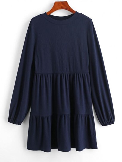 Ribbed Long Sleeve Mini Smock Dress