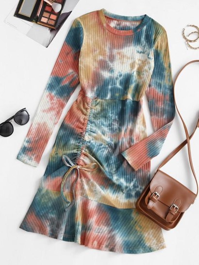 Tie Dye Cinched Flounce Ribbed Tee Dress
