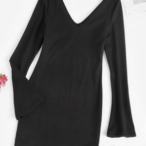 Long Sleeve Double V Slinky Mini Dress