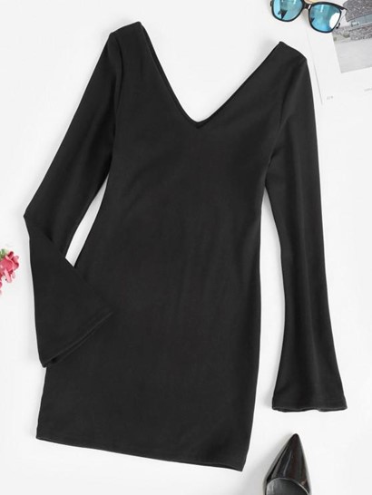 Long Sleeve Double V Slinky Mini Dress