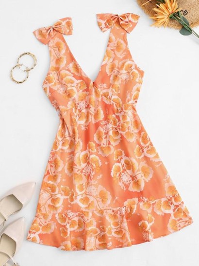 Empire Waist Floral Bowknot Mini Dress