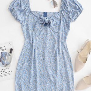 Tiny Floral Print Knotted Sheath Dress