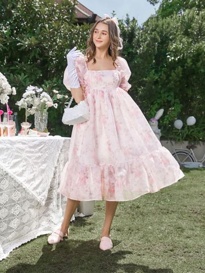 Floral Print Organza Puff Sleeves Pleated Detail Dress