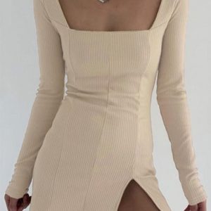 Square Collar Rib-knit Split Hem Slinky Dress