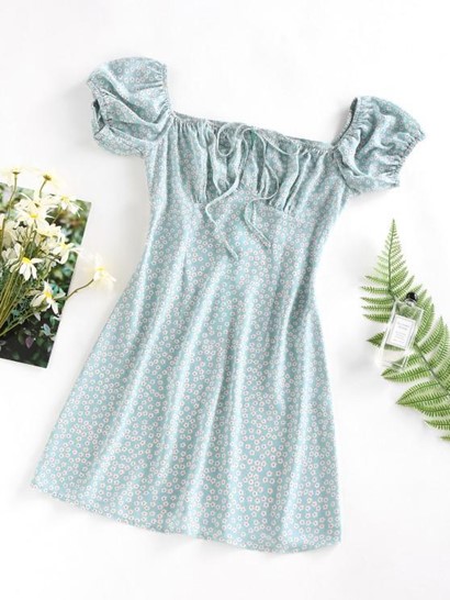 Ditsy Floral Ruched Puff Sleeve Tie Dress