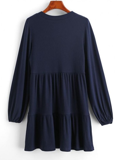 Ribbed Long Sleeve Mini Smock Dress - Image 2