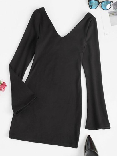 Long Sleeve Double V Slinky Mini Dress - Image 2