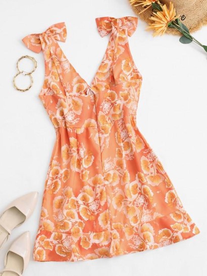 Empire Waist Floral Bowknot Mini Dress - Image 2