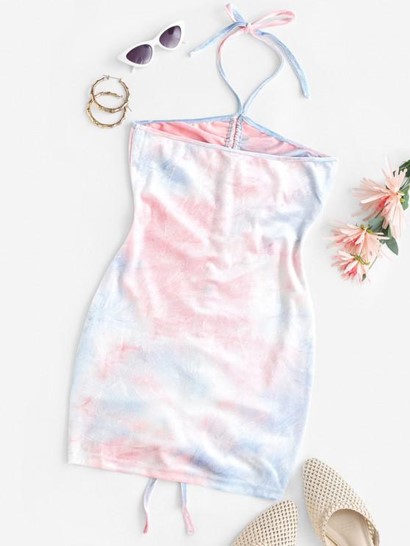 Tie Dye Velvet Cinched Bodycon Ruched Dress - Image 2